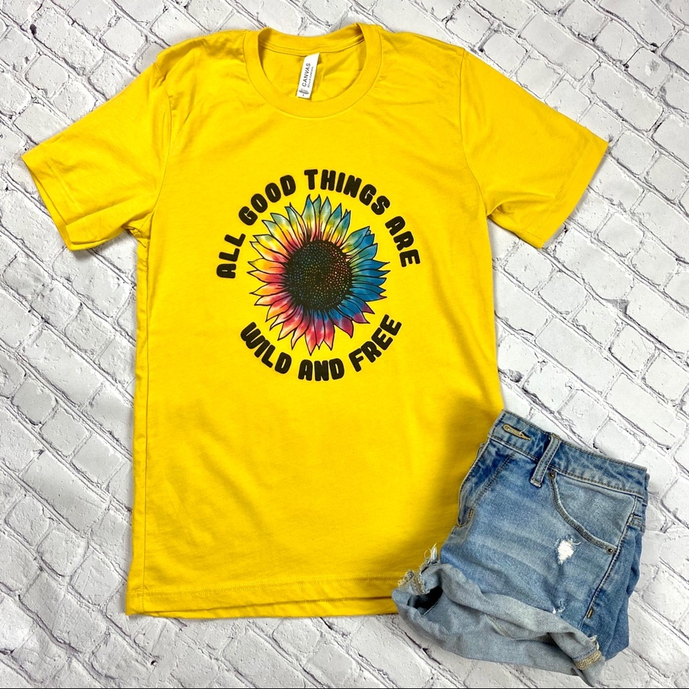 Yellow t-shirt wild and free 🌻